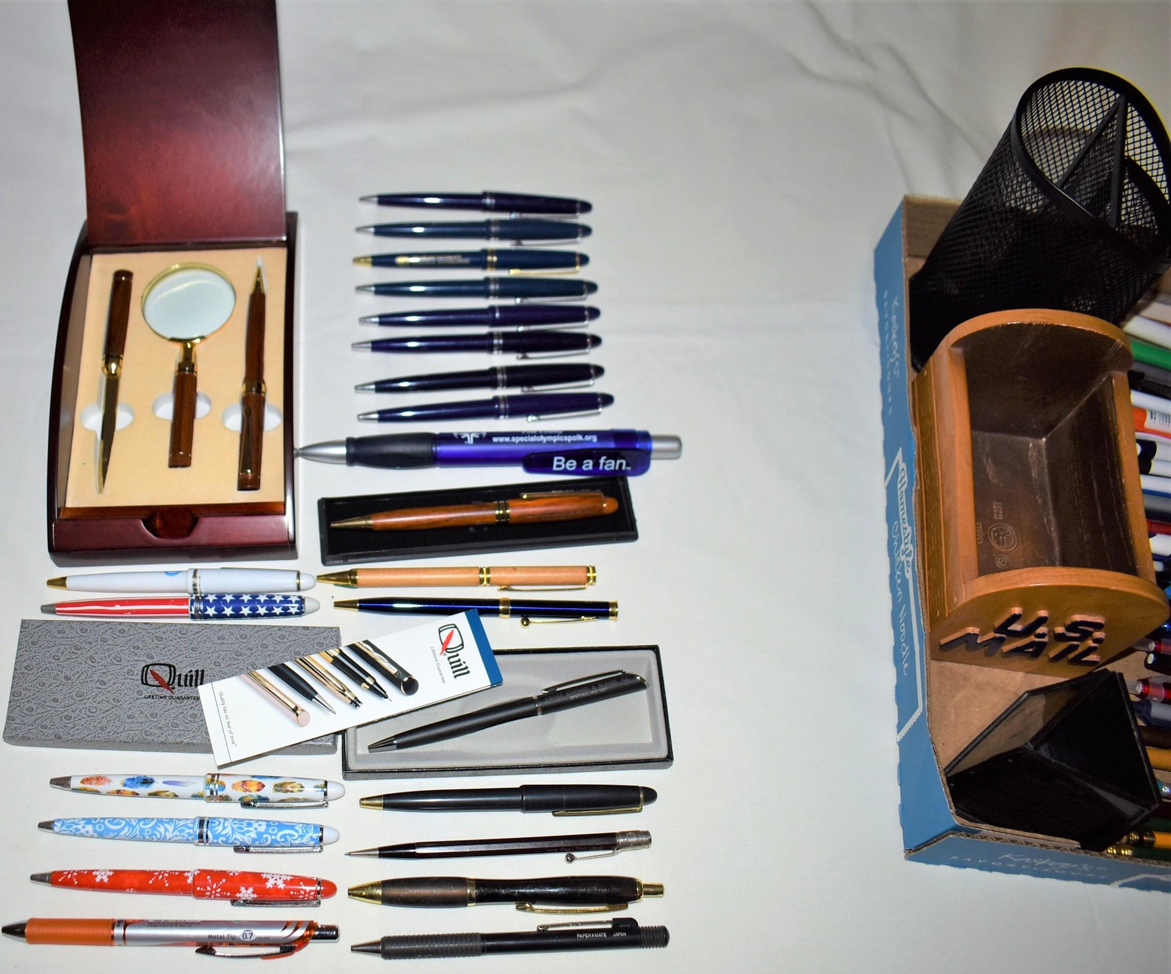 INK PEN SET IN DELUXE WOODEN CASE, INK PENS, DESK CADDY, AND MORE,