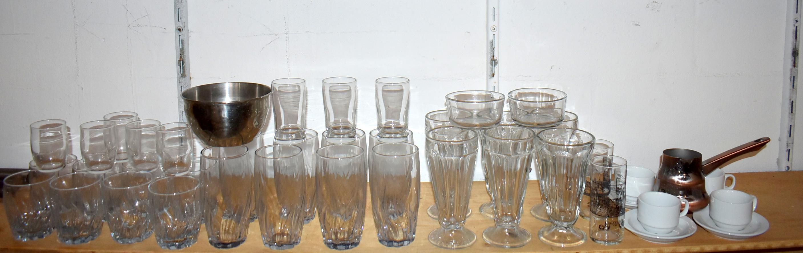 43pc LOT OF GLASS DRINKING GLASSES, ICE CREAM FLOAT GLASSES, ESPRESSO SET, MORE. SEE PHOTOS.