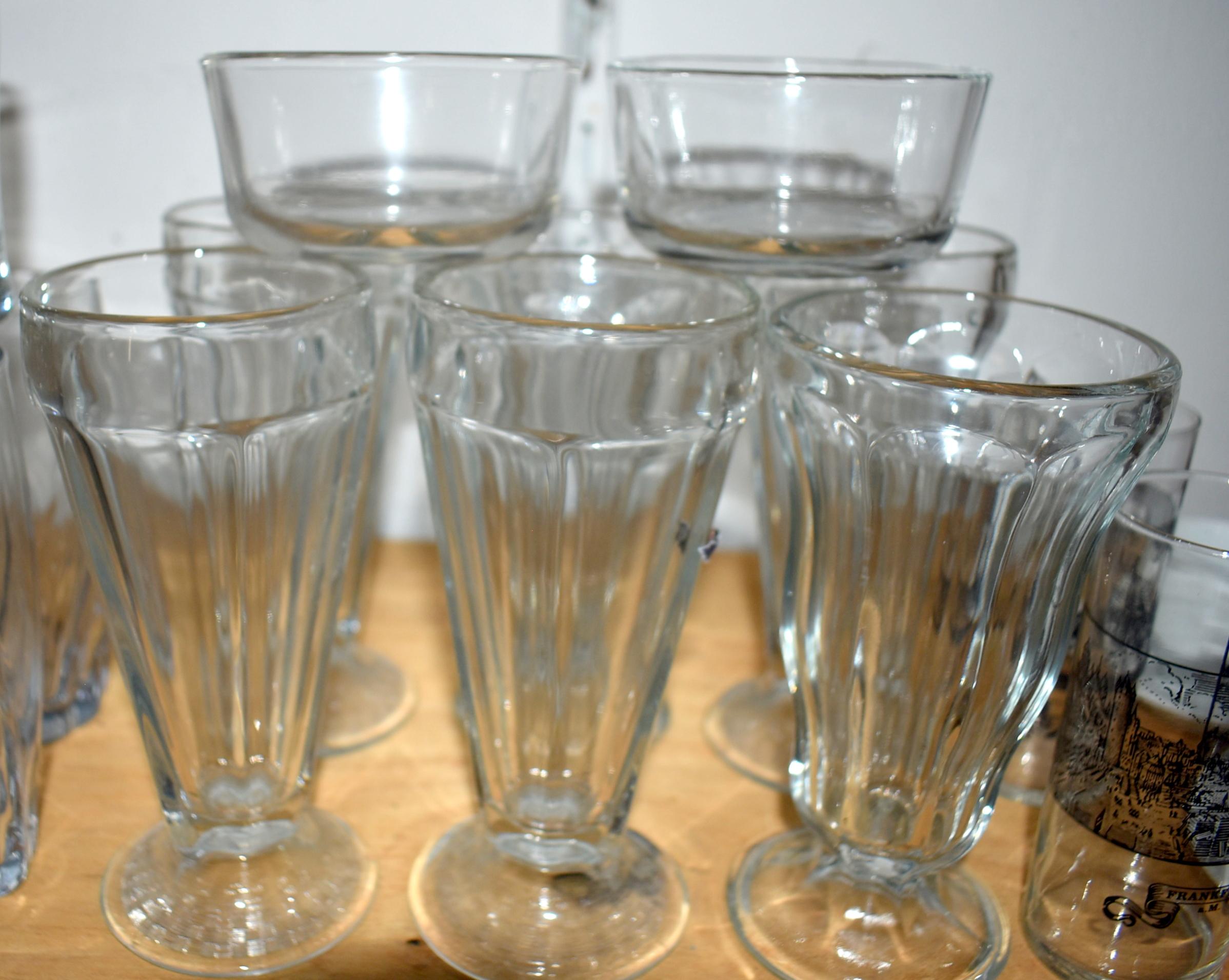 43pc LOT OF GLASS DRINKING GLASSES, ICE CREAM FLOAT GLASSES, ESPRESSO SET, MORE. SEE PHOTOS.