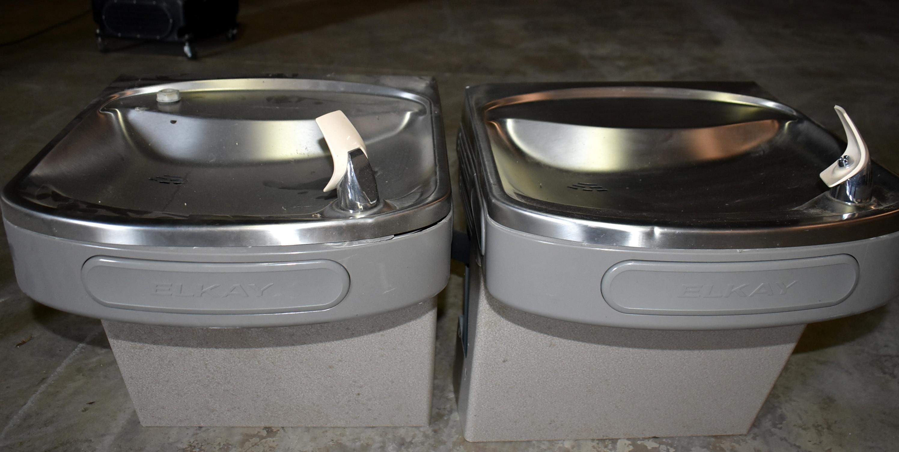 PAIR OF ELKAY DRINKING FOUNTAINS ~ ONE FOR STANDARD HEIGHT, ONE FOR HANDICAPPED HEIGHT.