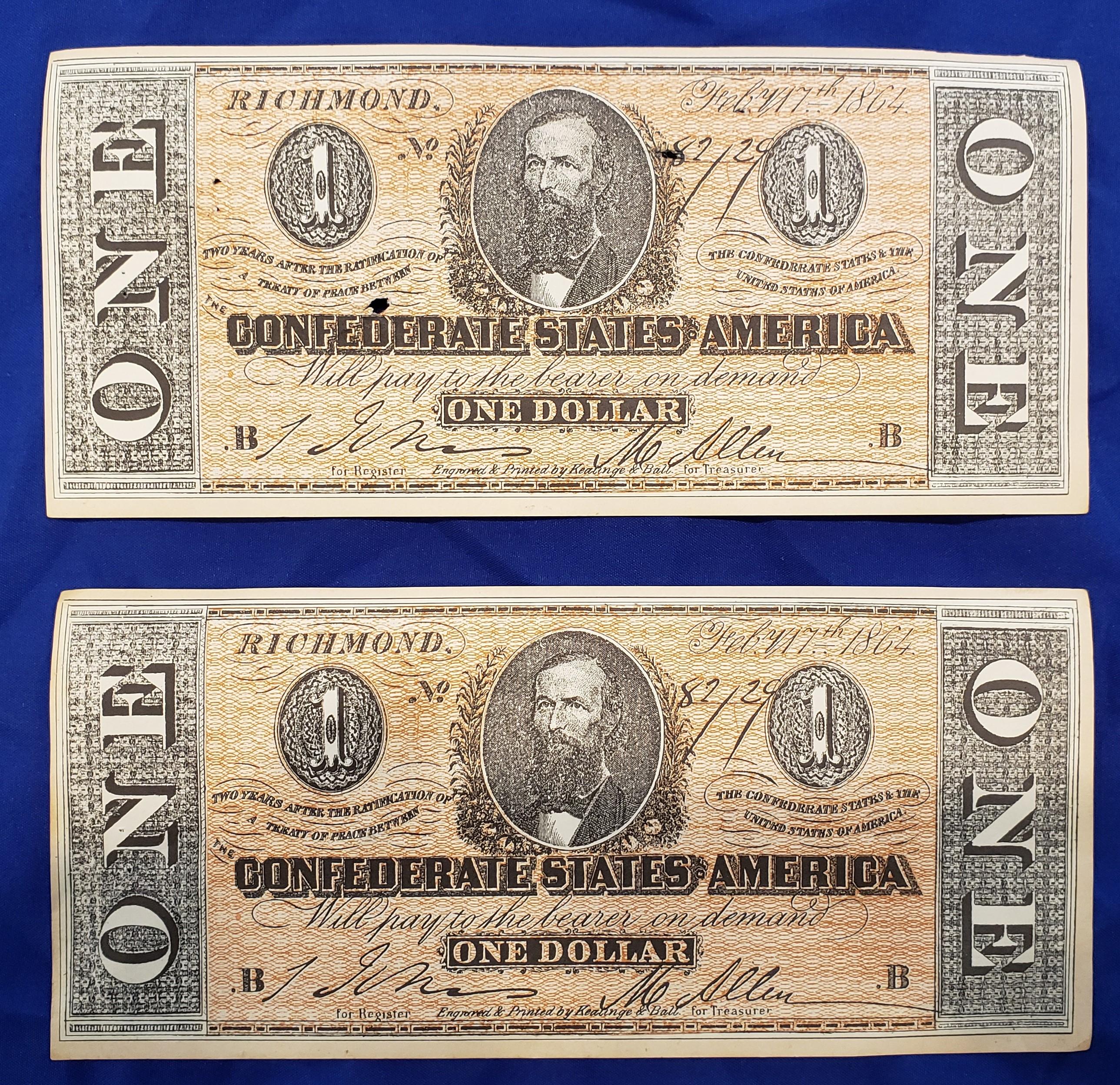 CONFEDERATE MONEY, TWO $1 BILLS