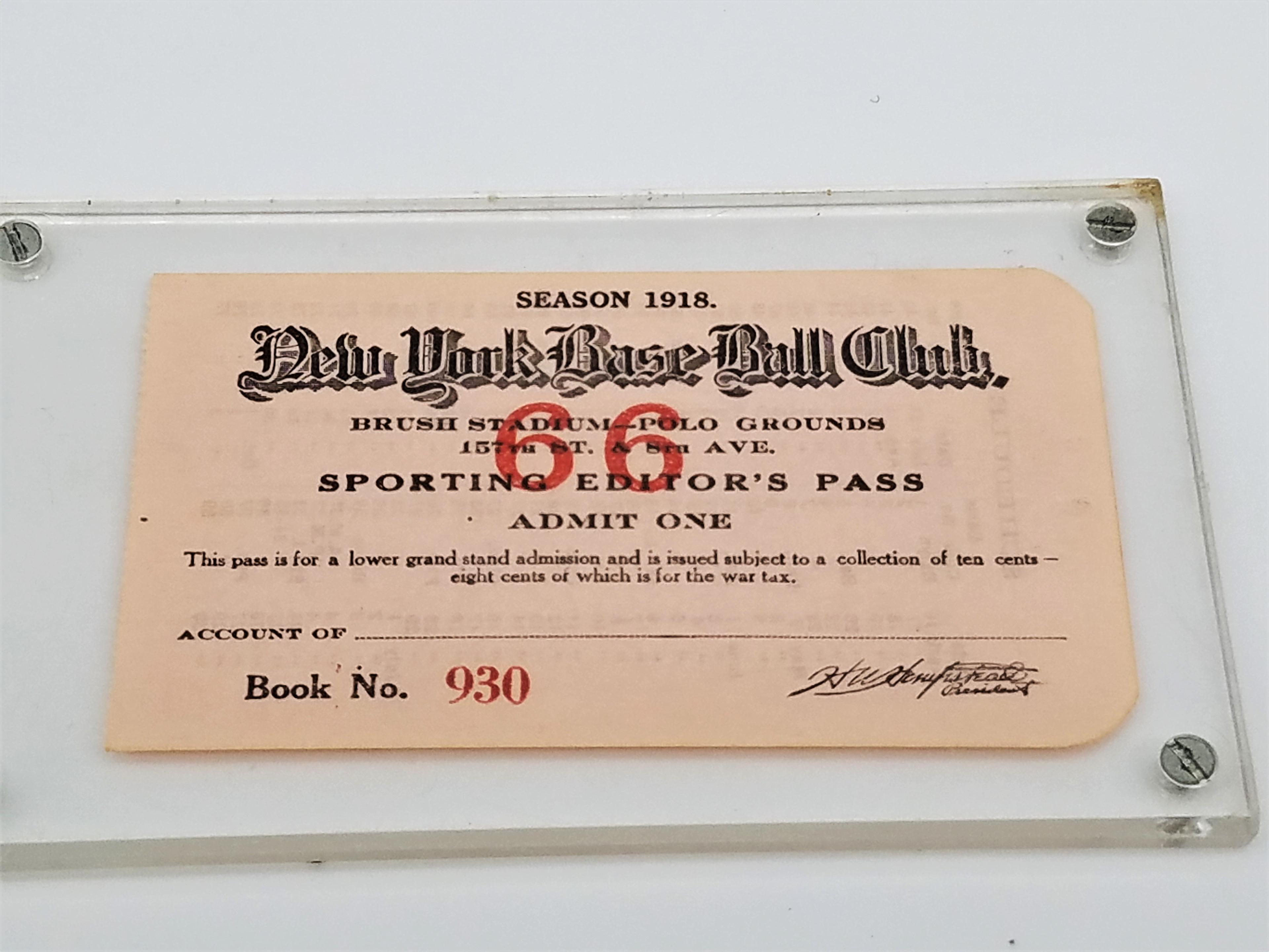 EXRREMELY RARE! Original 1918 NY Giants "NY BASE BALL CLUB" "SPORTING EDITOR's PASS" For Sept 20th 1