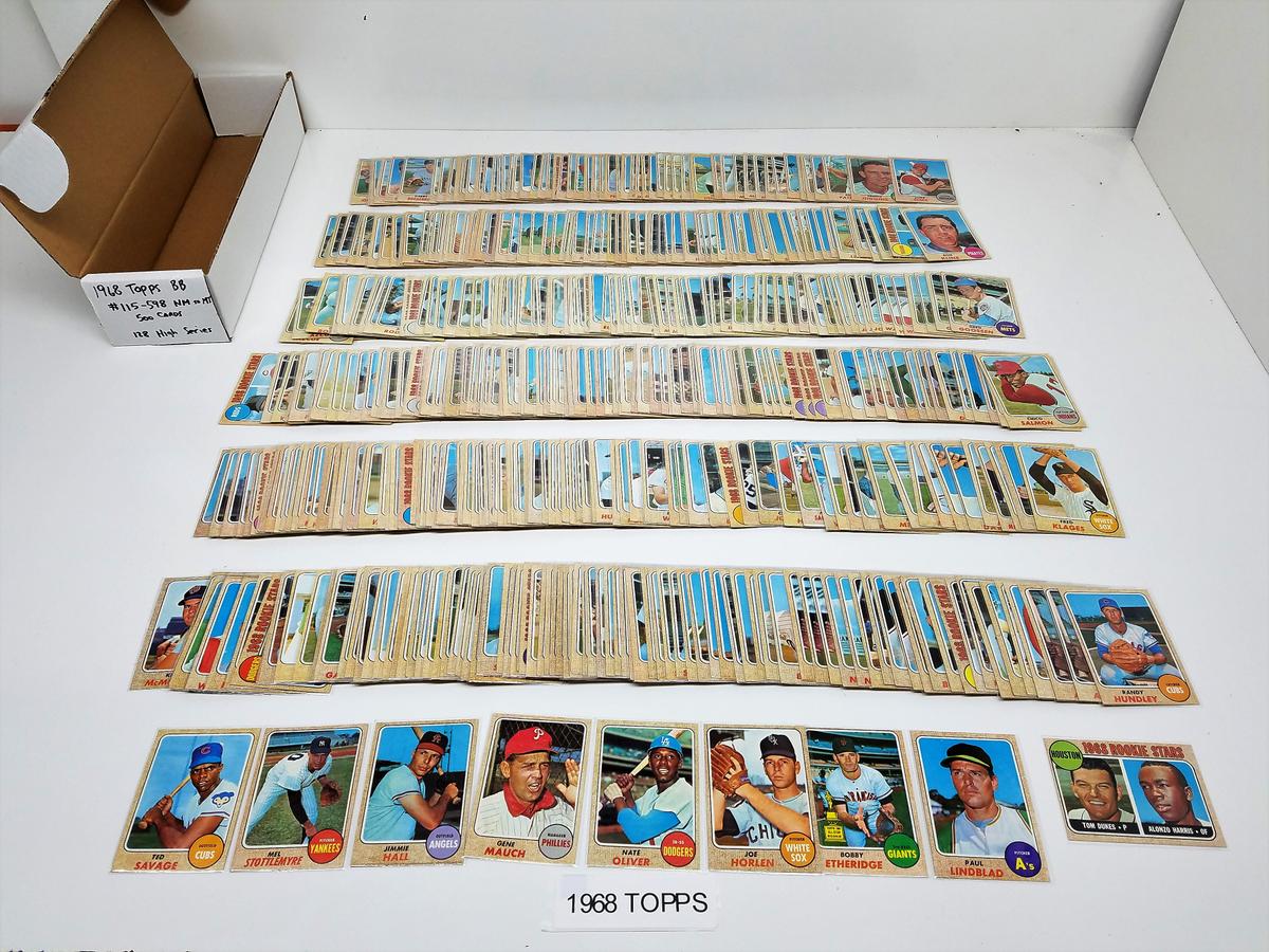 lot of (500)+- 1968 TOPPS baseball cards, some dups, range #115-598, (128 High Series cards) NM to M