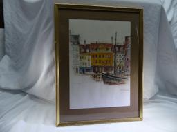 Robert Hawkins, Vintage Artwork  Red Ship Print and Ship Bow & City