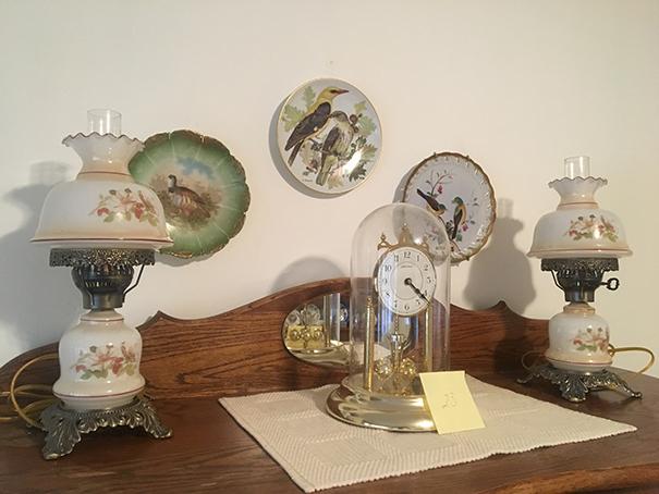 Seth Thomas Anniversary Clock, Lamps and Bird Plates