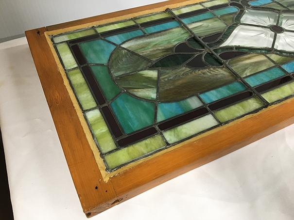 PICK UP ONLY -  Stained leaded glass window 4 ft x 19 in outside frame, nice condition