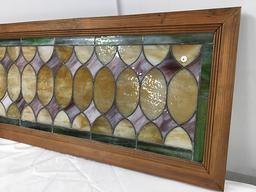 PICK UP ONLY -  Stained leaded glass window 45 in x 20 1/2 in outside frame, few cracks, complete