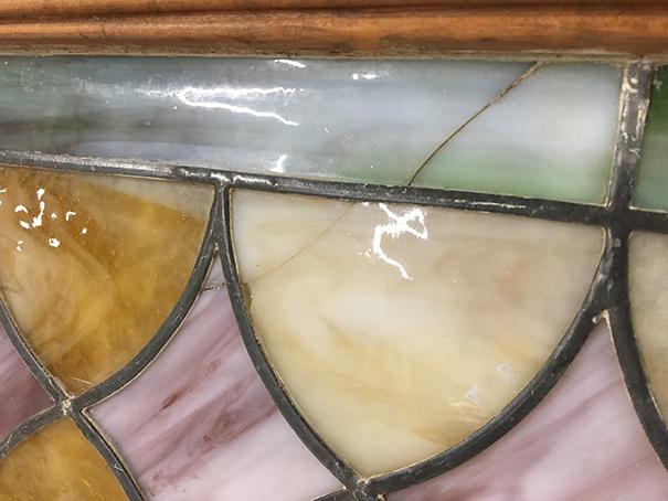 PICK UP ONLY -  Stained leaded glass window 45 in x 20 1/2 in outside frame, few cracks, complete