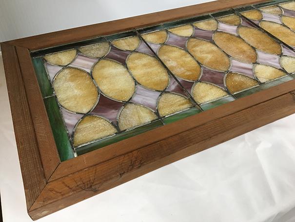 PICK UP ONLY -  Stained leaded glass window 45 in x 20 1/2 in outside frame, few cracks, complete