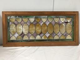 PICK UP ONLY -  Stained leaded glass window 45 in x 20 1/2 in outside frame, few cracks, complete