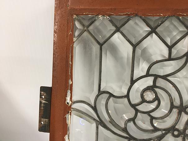 PICK UP ONLY -  Leaded glass window, 21 in x 19 1/4 in outside frame, one crack