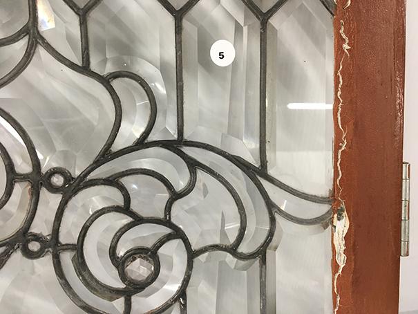 PICK UP ONLY -  Leaded glass window, 21 in x 19 1/4 in outside frame, one crack