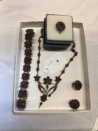 Semi-Parure: Garnets, Bracelet, Clip Earrings, Size 5.5 Ring and Necklace (marked 900)