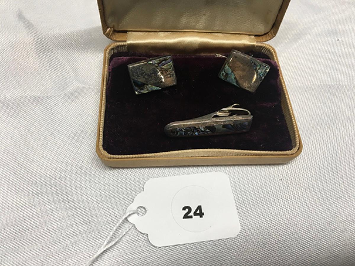 Men's Taxco Cuff Link and tie clip set with Abalone
