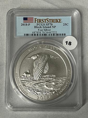 2018-P 5oz Silver 25C Block Island NP First Strike PCGS SP70