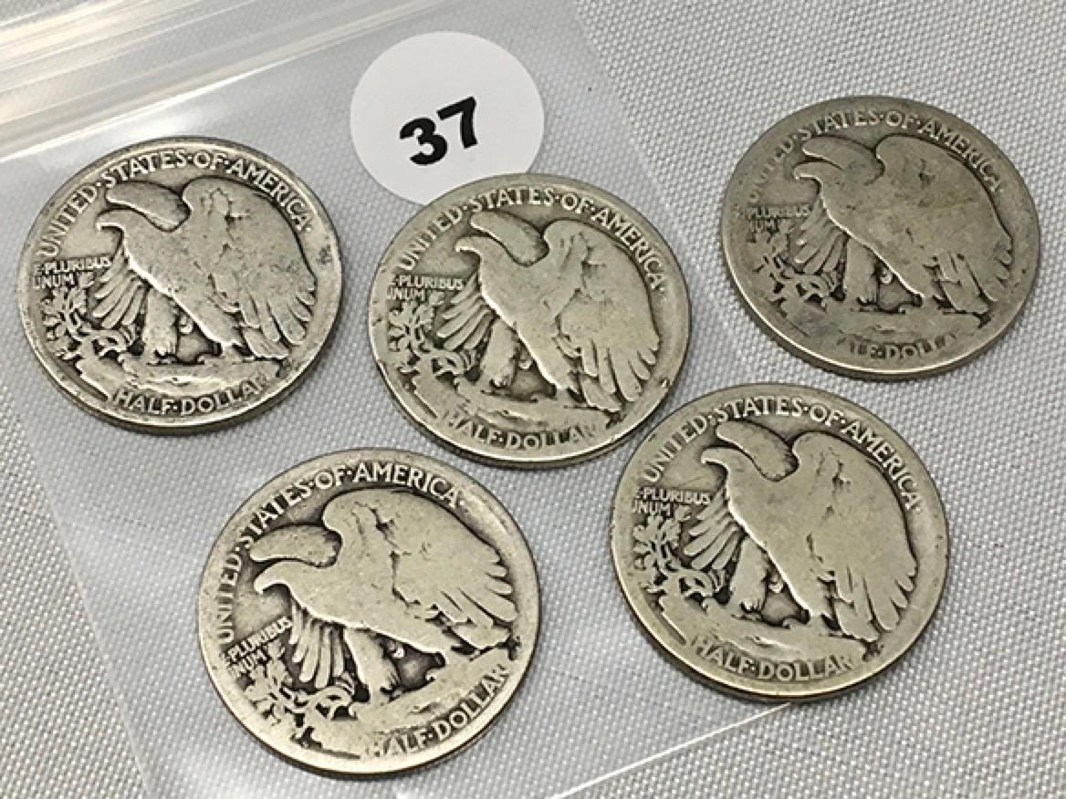 Lot of (5) (2) 1917, (3) 1917-S Walking Liberty Half Dollars