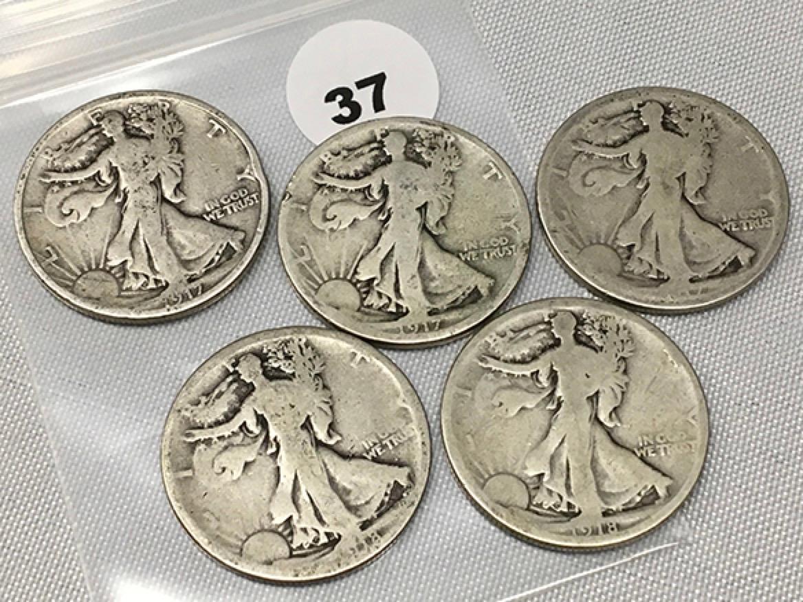 Lot of (5) (2) 1917, (3) 1917-S Walking Liberty Half Dollars