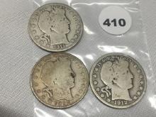(3) 1911, 12-S, 14-S Barber Half Dollars