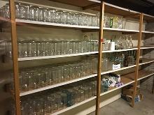Various fruit jars and bottles, bring boxes, shelf not included