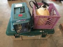 Rubbermaid tote, pet taxi, sprayer