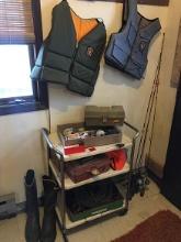 (2) Life vests, fishing poles, boots, few fishing supplies and cart