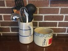 Roseville Ohio crock, blue band pitcher and utensils