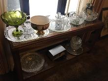 Sofa table and misc. dishes