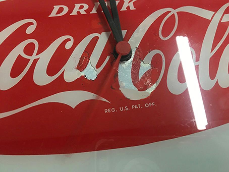 15 in. Coca Cola Clock, Glass, Has been touched up on face.