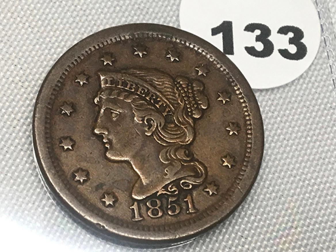 1851 Braided Hair Large Cent XF