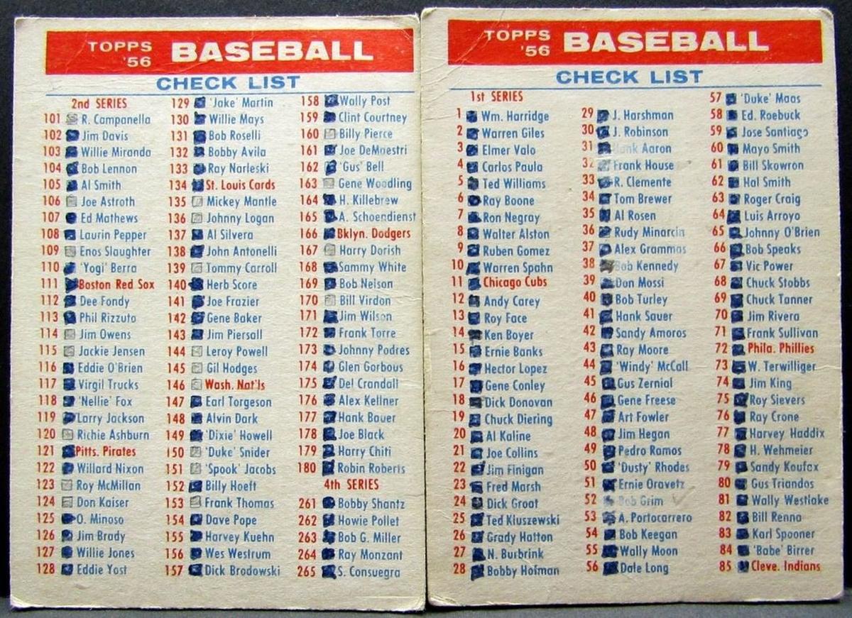 1956 TOPPS CHECKLIST 1/3 & 2/4 MARKED