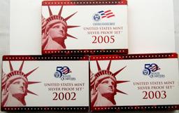 2002, 2003 & 2005 U.S. MINT SILVER PROOF SETS