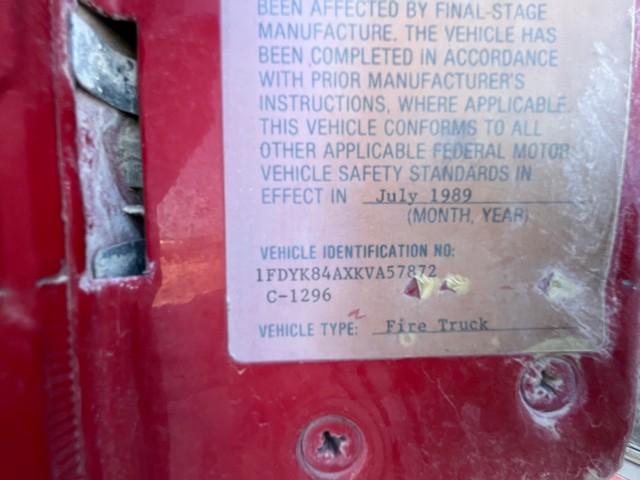 (7872) 1989 FORD F800 S/A FIRE TRUCK, VIN: 1FDYK84AXRVA57872, P/B: FORD 7.8L 6 C