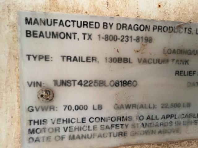 (X) 2011 DRAGON 130 BBL T/A VACUUM TRAILER, VIN: 1UNST4225BL081860, W/ KP, SIDE