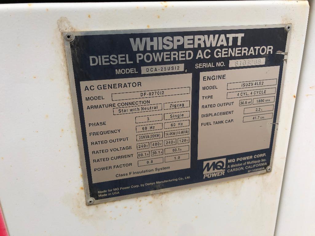 Whisperwatt 20kW DF-027012 Diesel Generator, 3PH, Isuzu 4LE2, 4,311hrs Showing