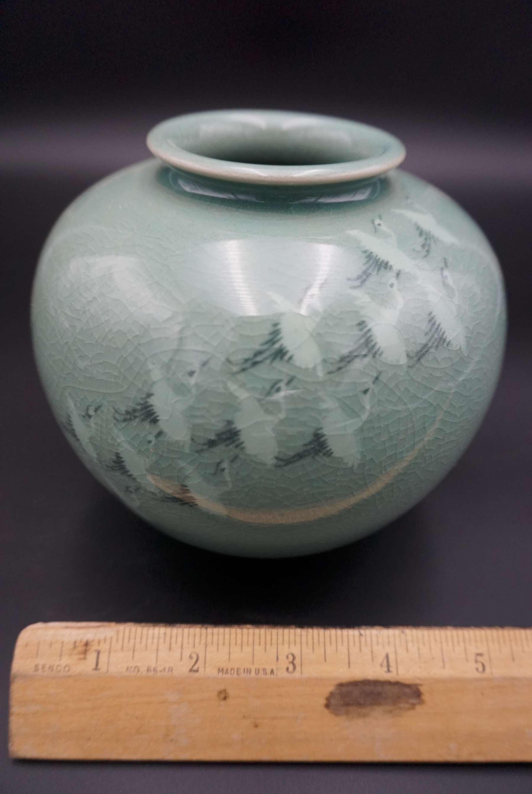 green celadon Hibiscus oval vase, green celadon Cranes oval vase