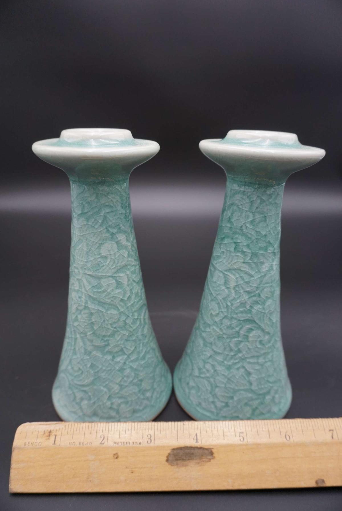 pair of green celadon Candlesticks 7 inch