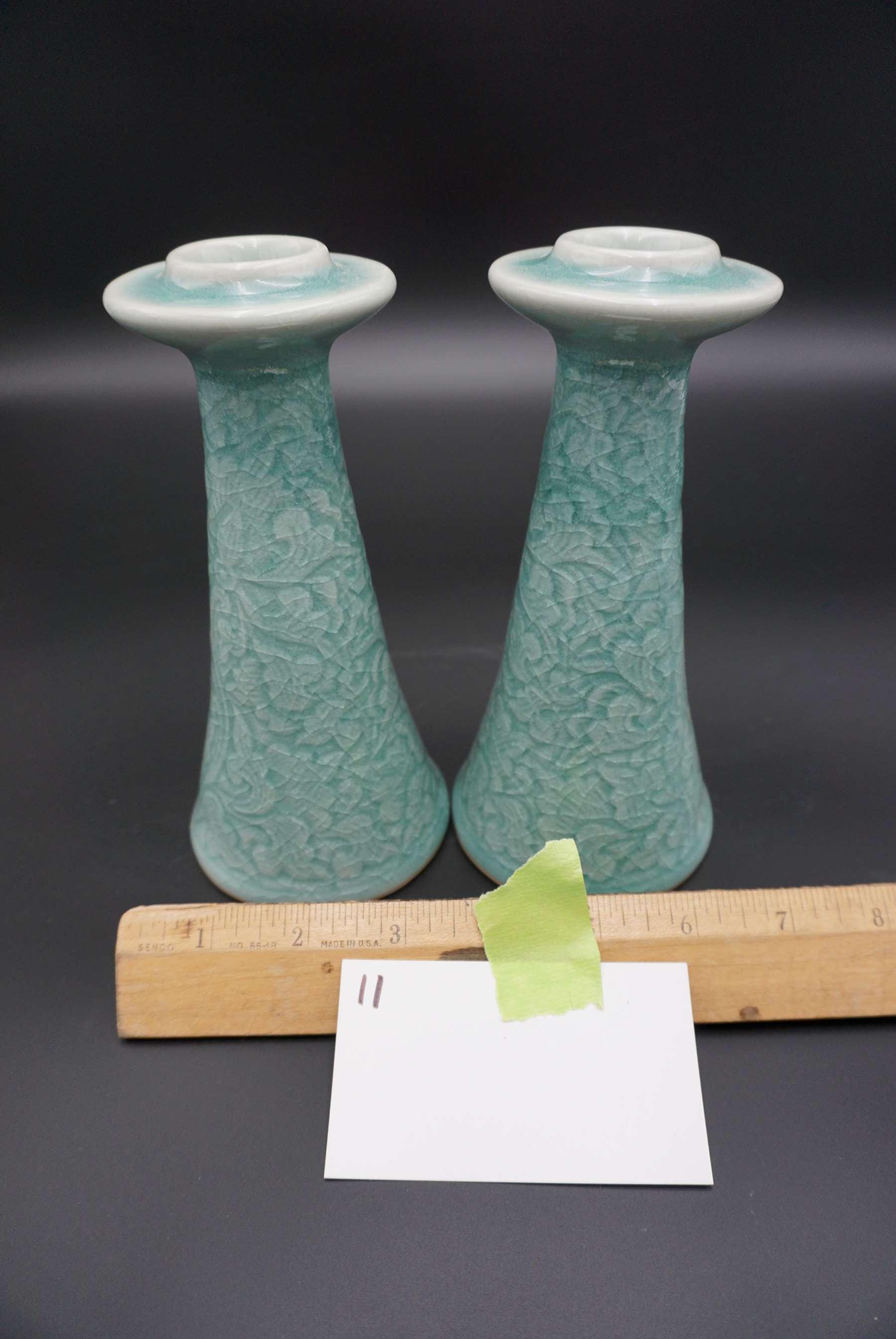 pair of green celadon Candlesticks 7 inch