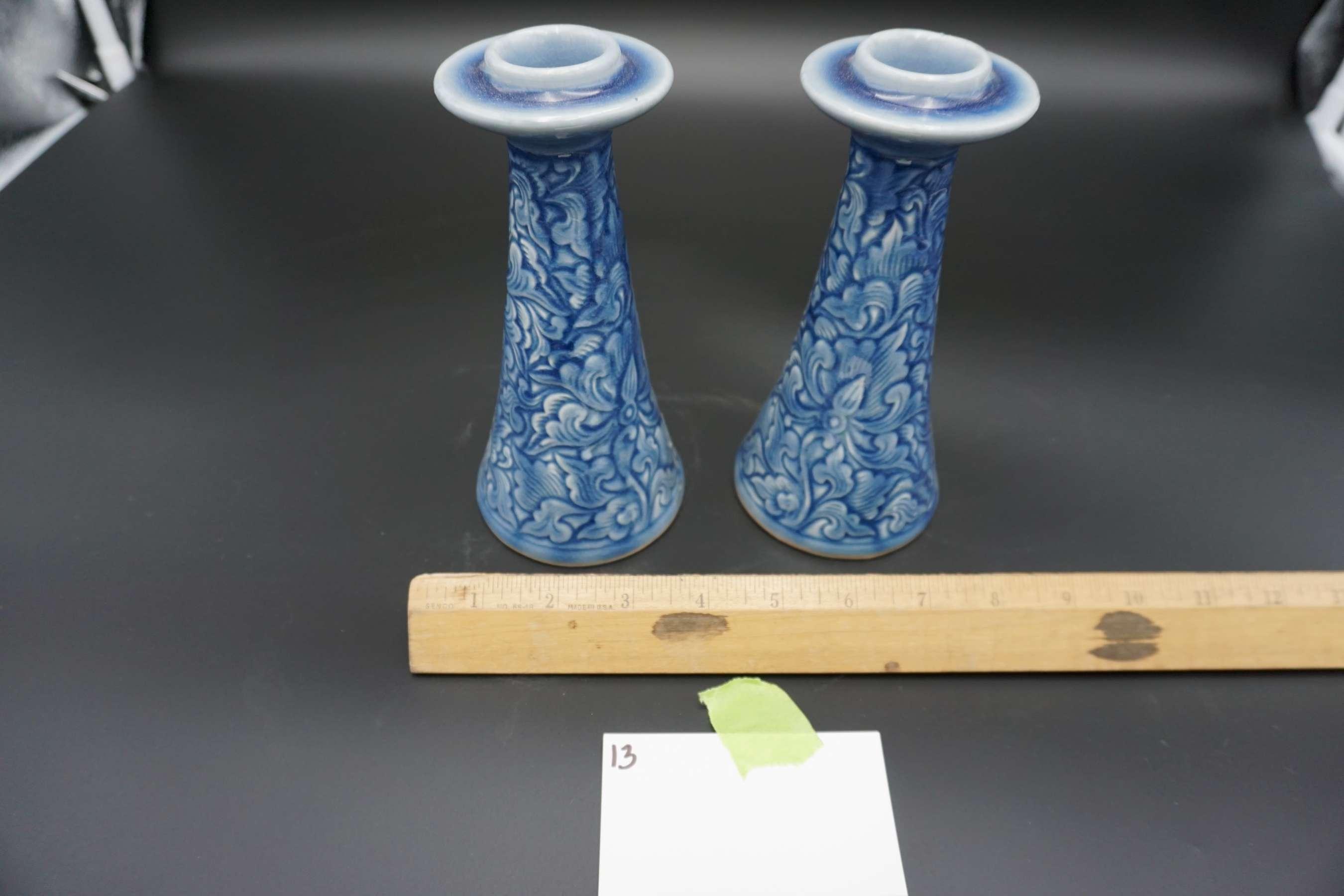 pair of Blue & White candlestick holders