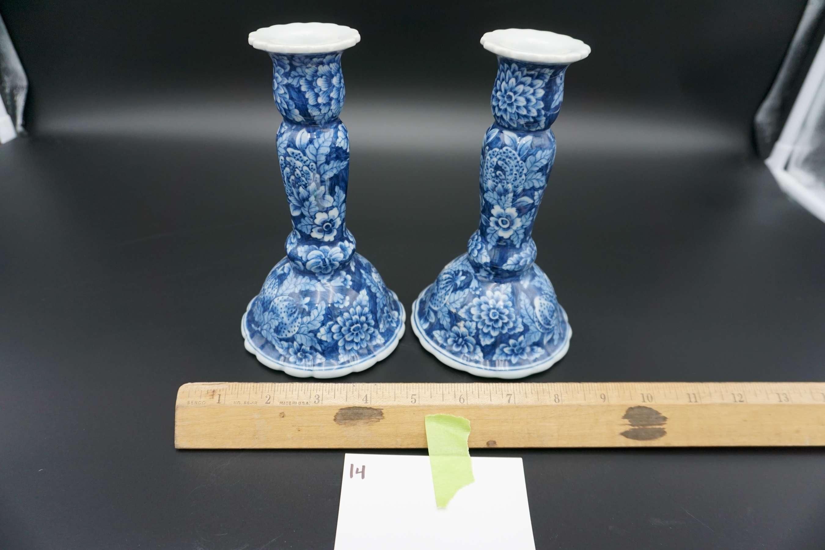 pair of Blue & White candlestick holders