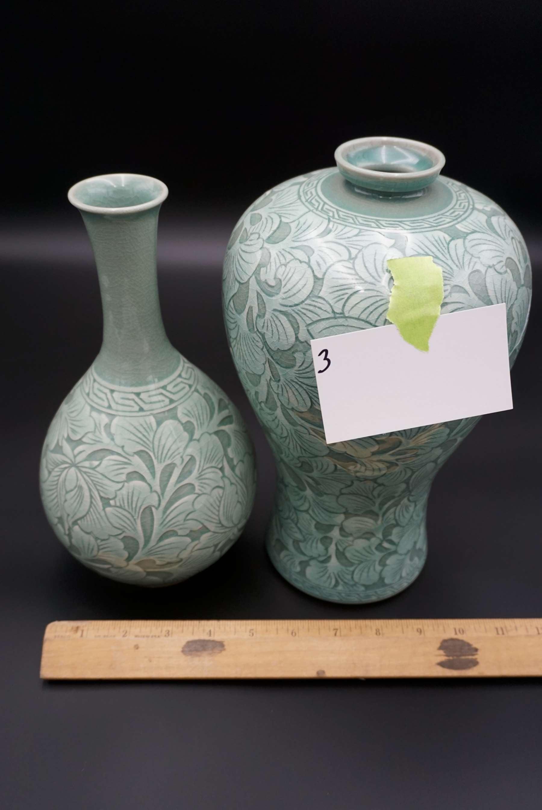 Pair of Male & Female Hibiscus 11/12 inch Celadon vases