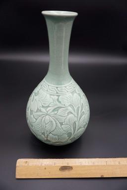 Pair of Male & Female Hibiscus 11/12 inch Celadon vases