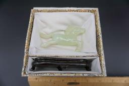 Chinese green jade horse with stand in original box