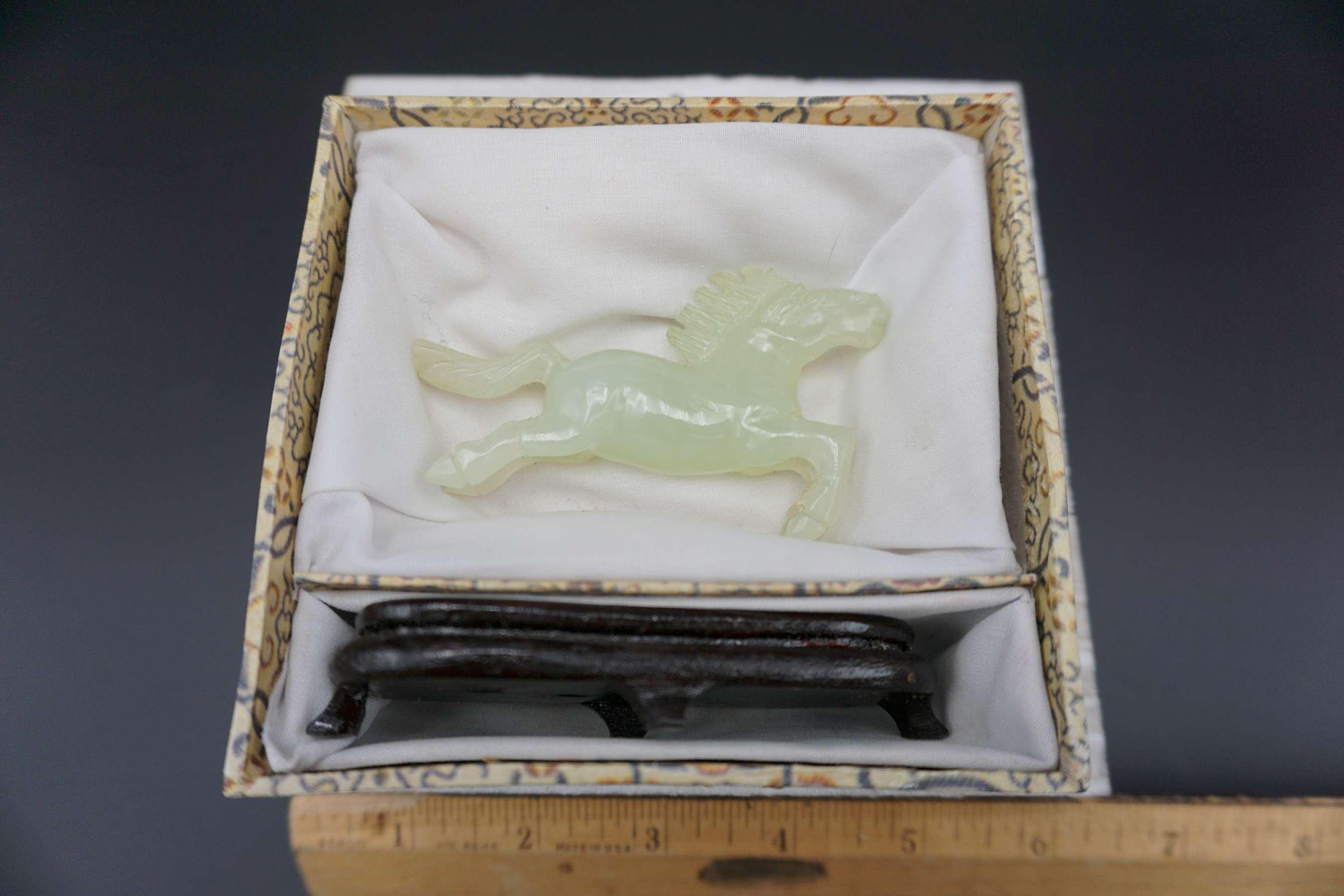 Chinese green jade horse with stand in original box