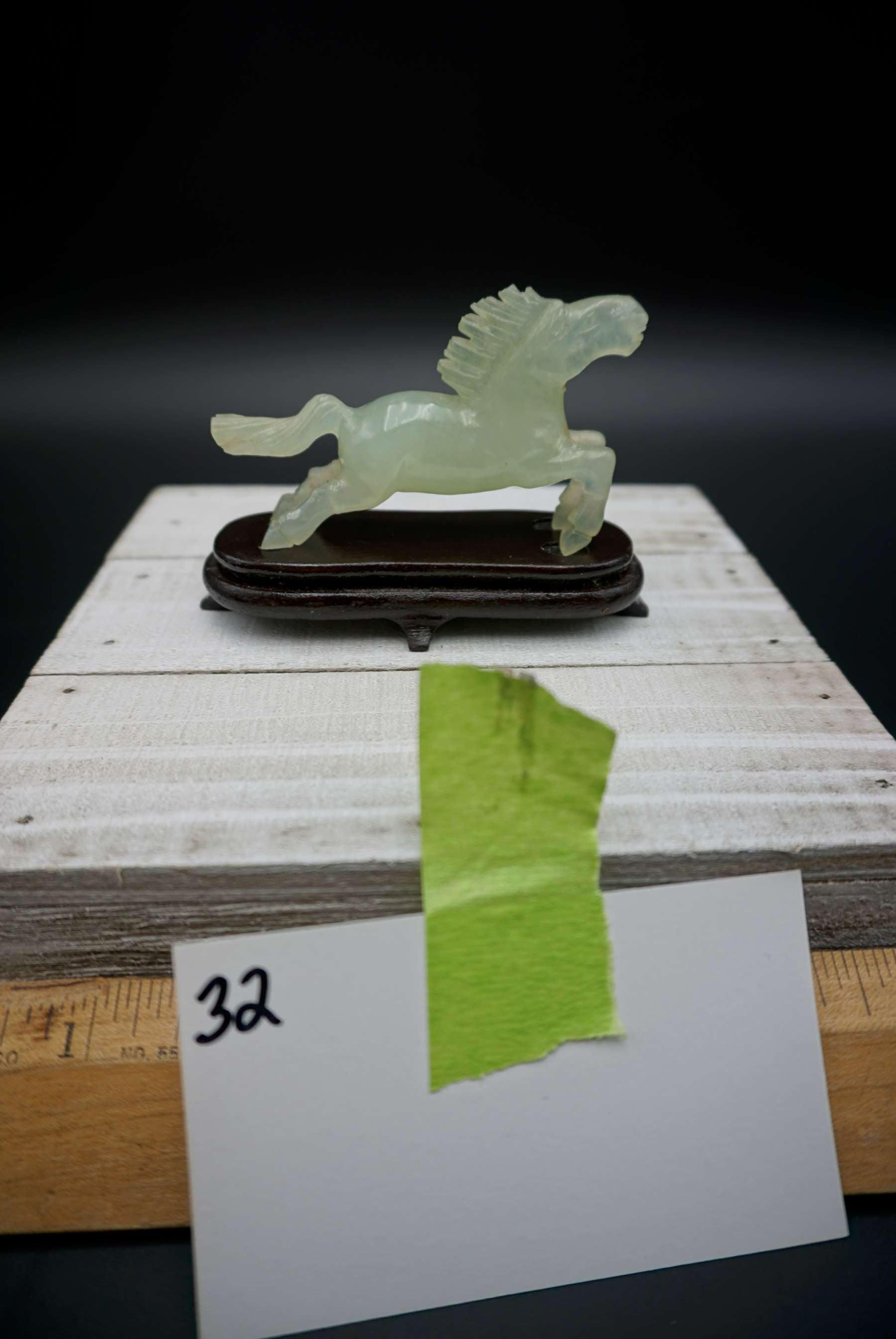 Chinese green jade horse with stand in original box