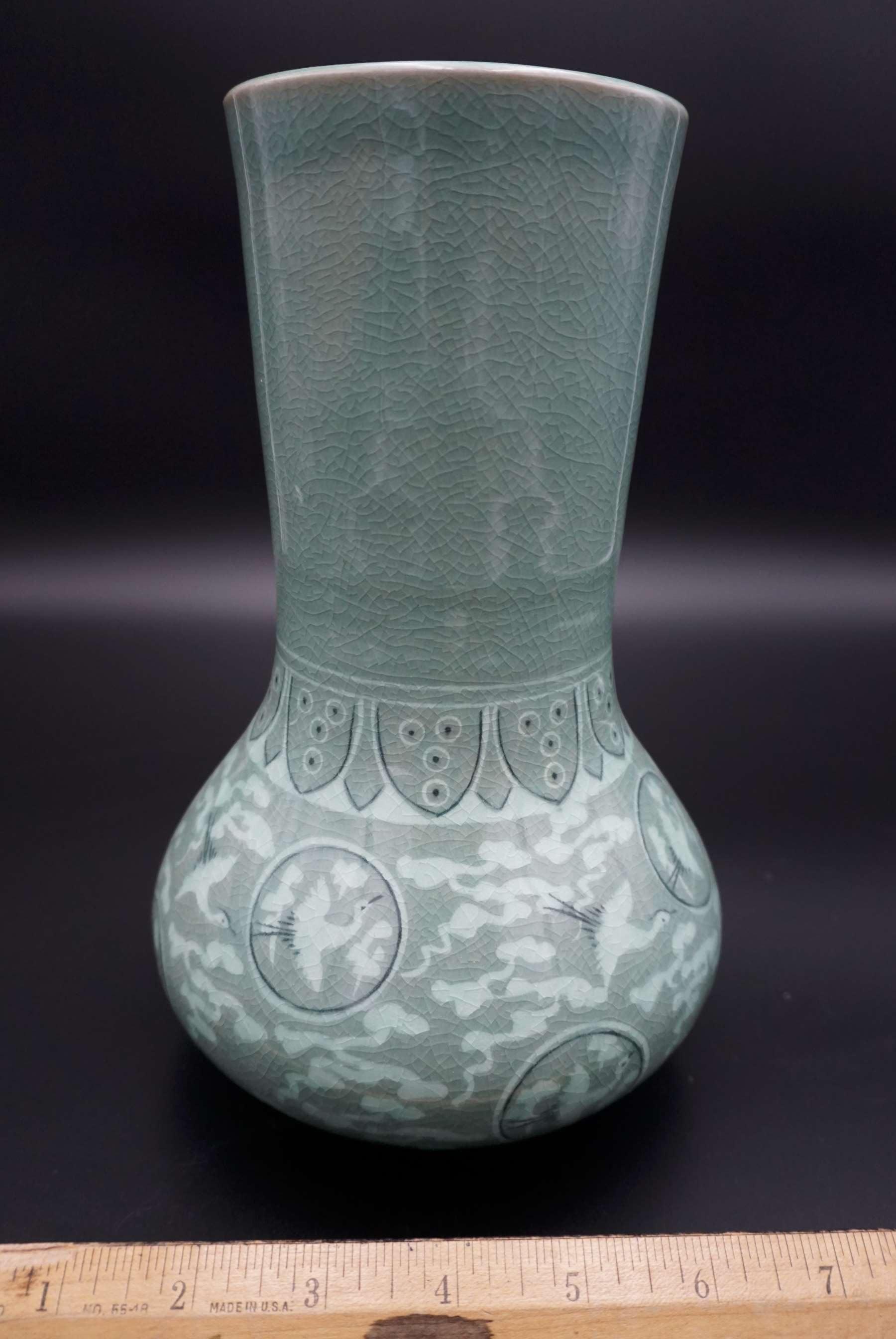 green celadon vase long cut out 10 inch, green celadon Vase Cranes round bottom