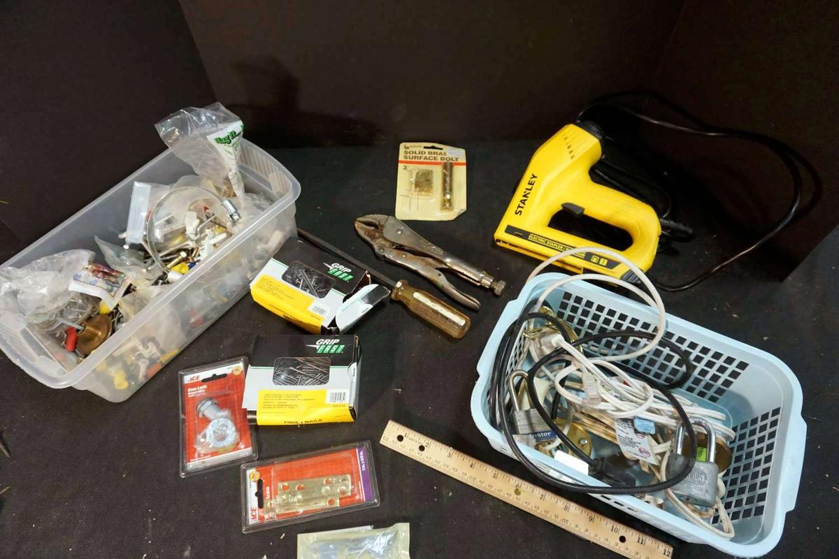 Stanley Nail Gun/Stapler, Vise Grip, Screwdrivers, Nails, Extension cords and more