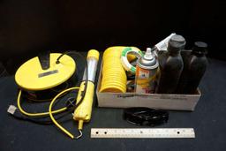 Extension Cord Reel, Air Hose, Bottle Jack, Oil, Sunglasses