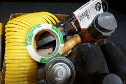 Extension Cord Reel, Air Hose, Bottle Jack, Oil, Sunglasses