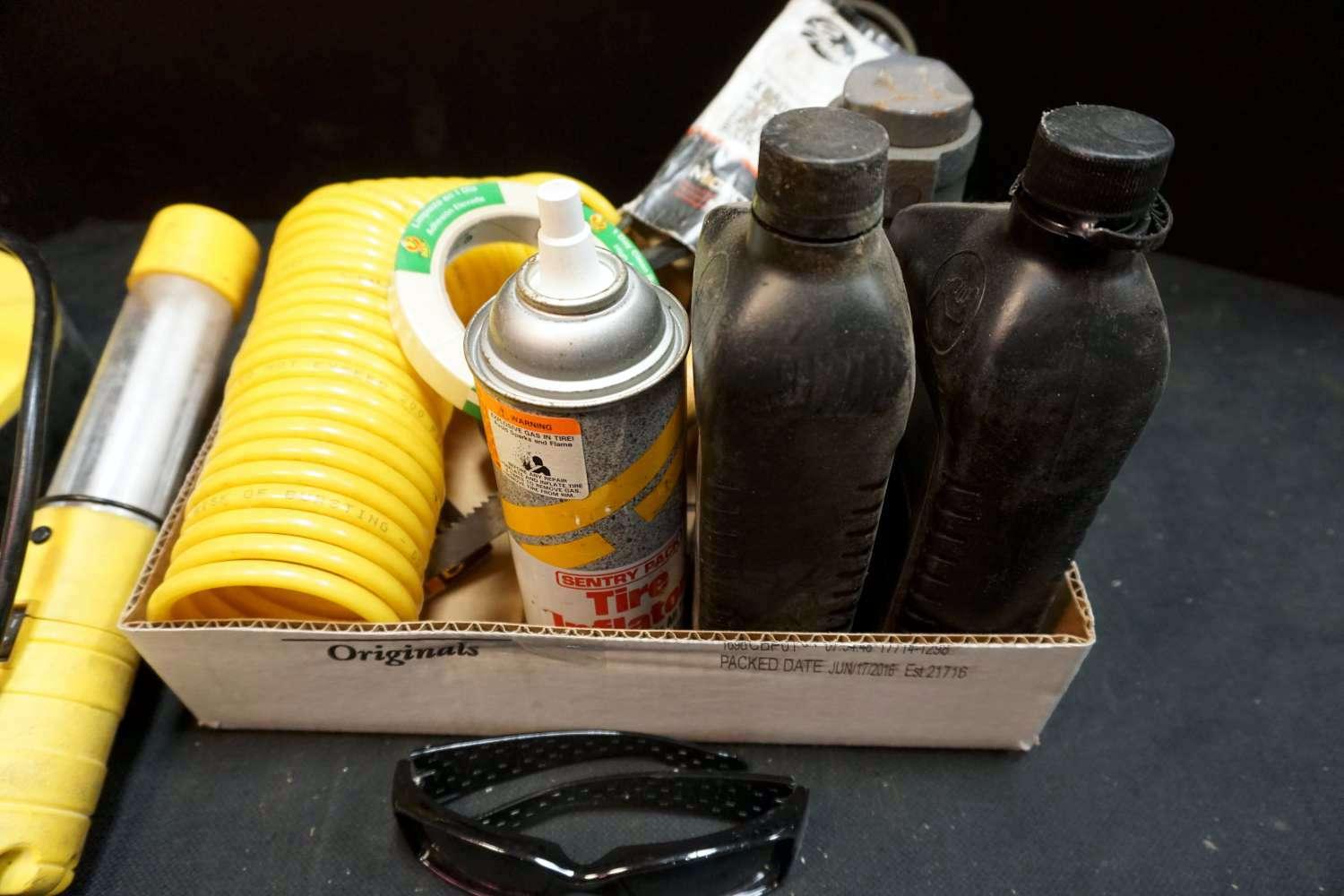 Extension Cord Reel, Air Hose, Bottle Jack, Oil, Sunglasses