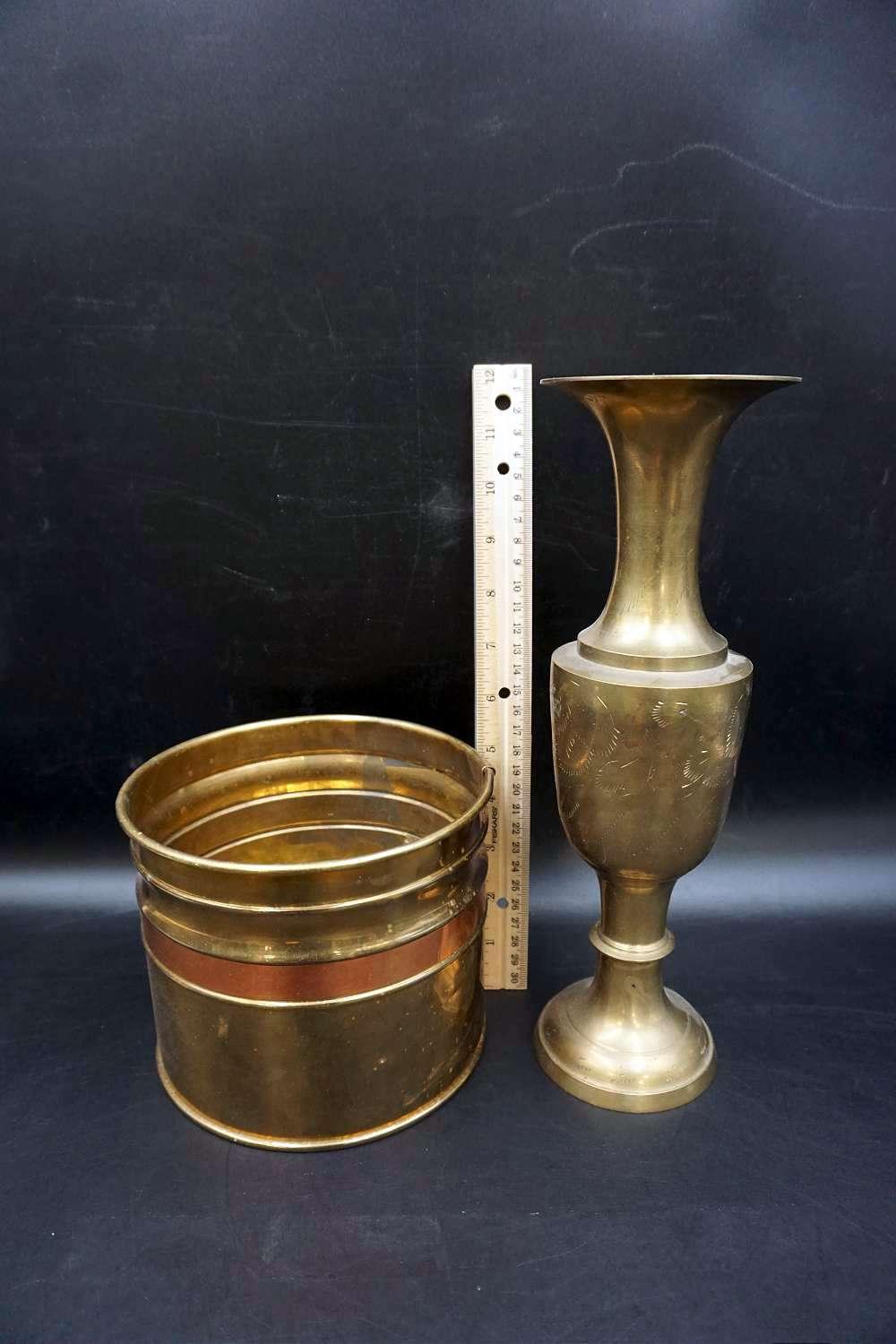 Brass vase and bucket.